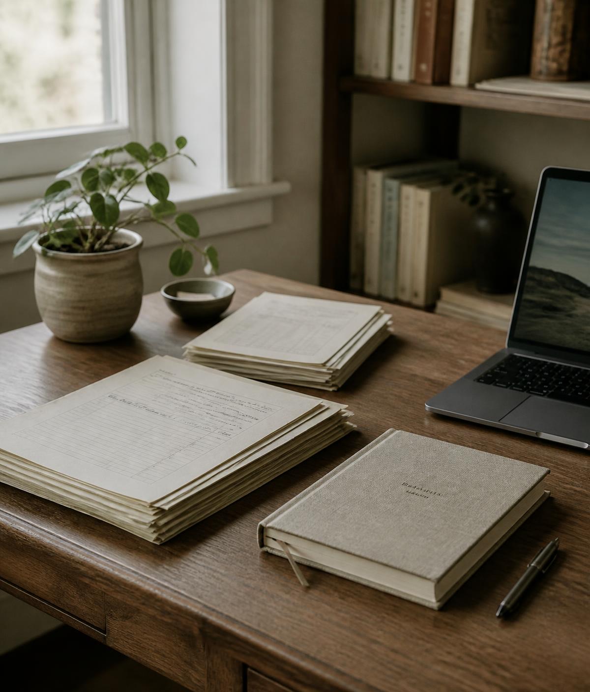 Ledgers, a notebook and a laptop on a wooden desk